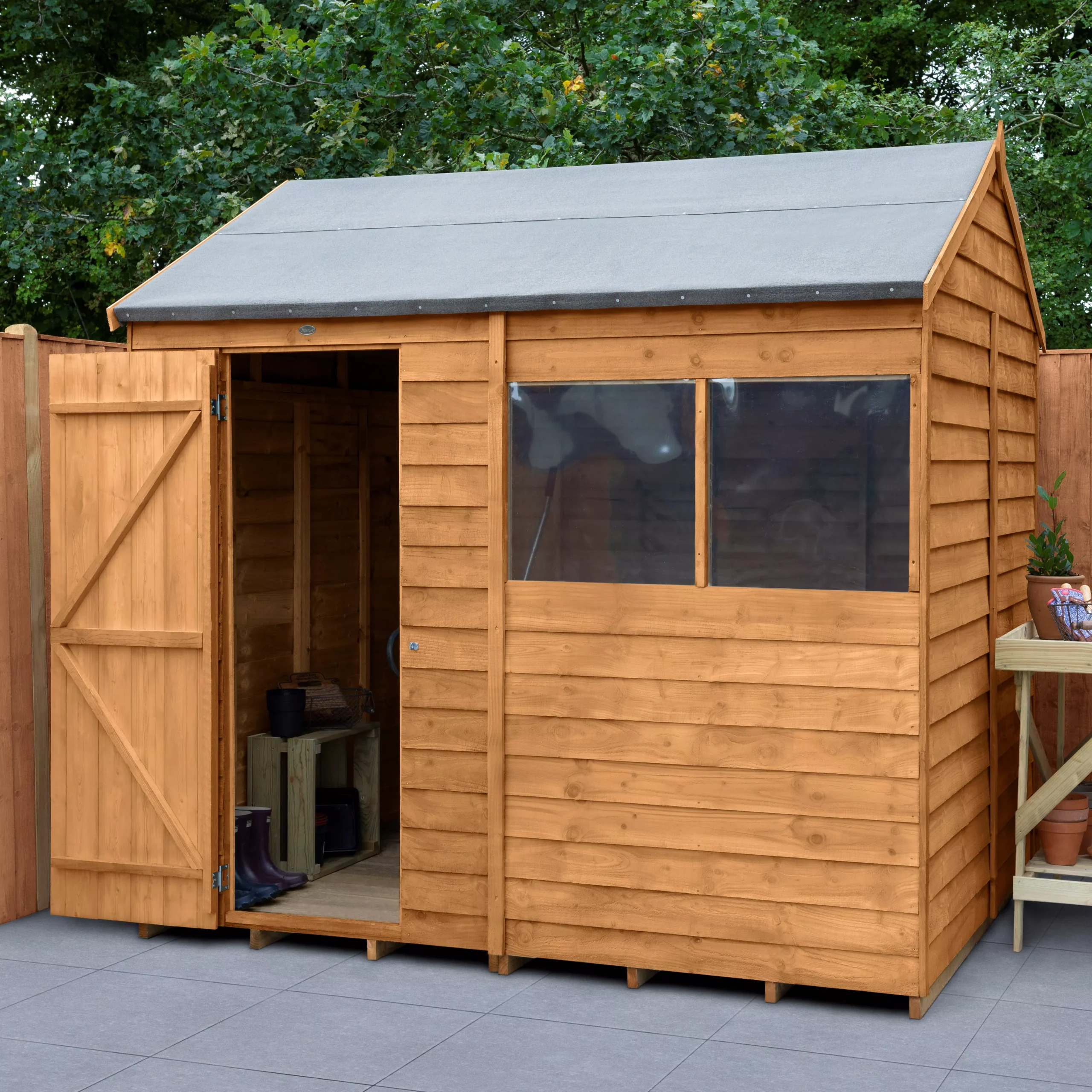 Forest Garden 8x6 Reverse Apex Dip Treated Overlap Wooden Shed With Floor (Base Included) - Assembly Service Included 1 Forest Garden 8x6 Reverse Apex Dip Treated Overlap Wooden Shed With Floor (Base Included) - Assembly Service Included