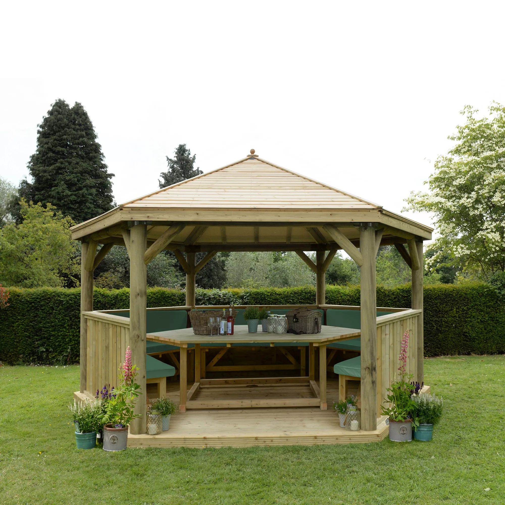 Forest Garden Furnished Timber Roof Hexagonal Gazebo, (W)4900mm (D)4240mm (Green Cushion Included) 1 Forest Garden Furnished Timber Roof Hexagonal Gazebo, (W)4900mm (D)4240mm (Green Cushion Included)