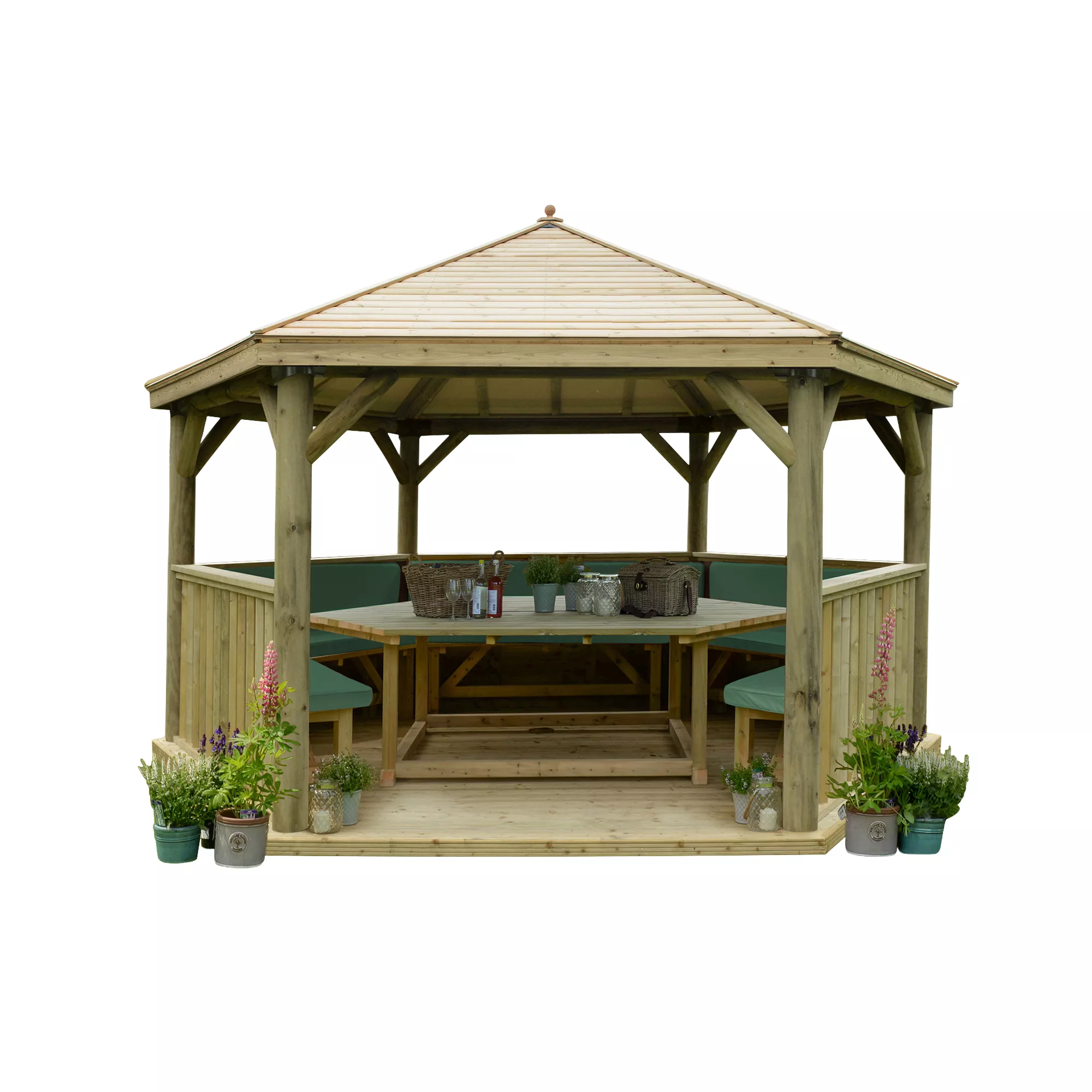 Forest Garden Furnished Timber Roof Hexagonal Gazebo, (W)4900mm (D)4240mm (Green Cushion Included) 2 Forest Garden Furnished Timber Roof Hexagonal Gazebo, (W)4900mm (D)4240mm (Green Cushion Included) - Image 2