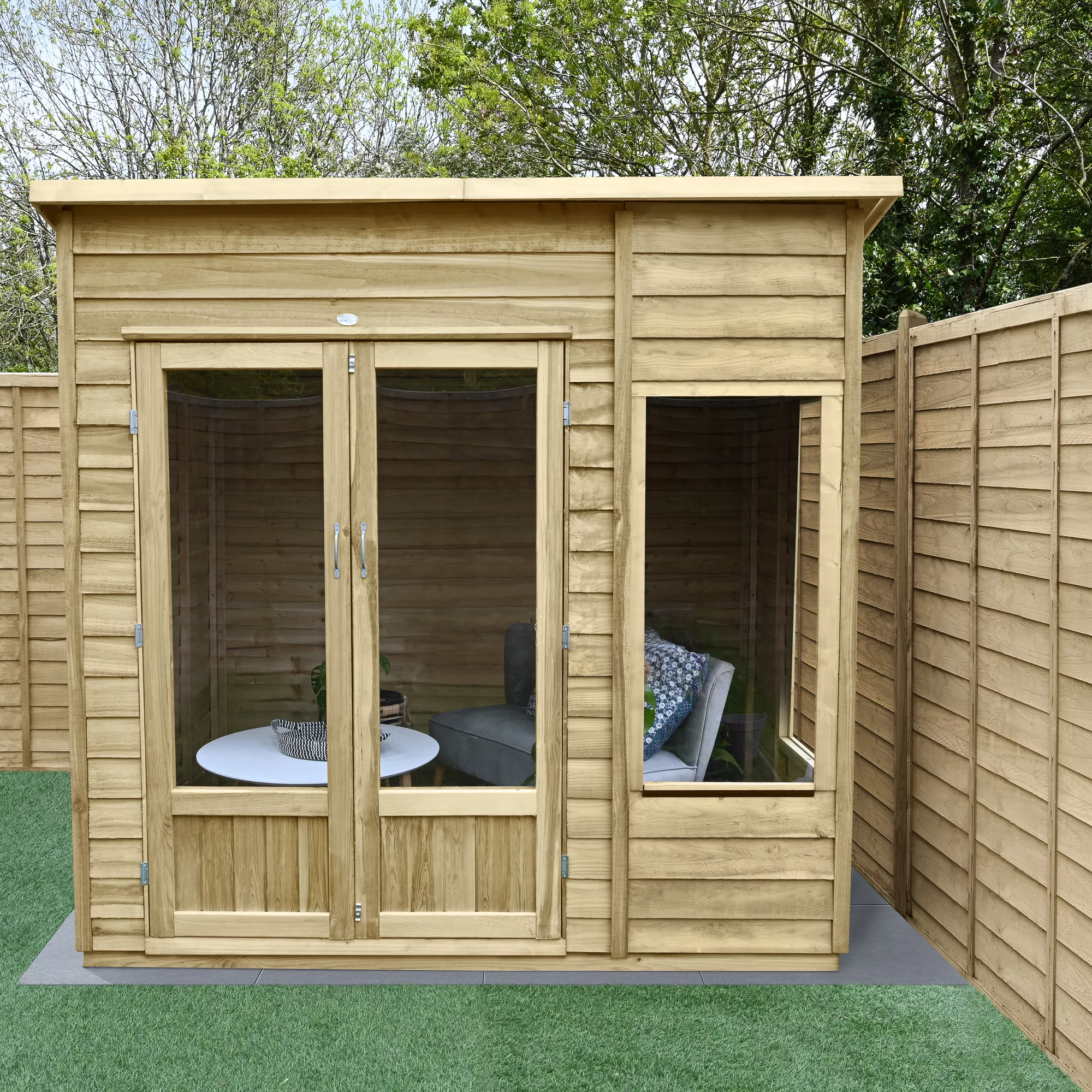 Forest Garden Oakley 7x5 Pent Overlap Solid Wood Summer House With Double Door (Base Included) - Assembly Service Included 1 Forest Garden Oakley 7x5 Pent Overlap Solid Wood Summer House With Double Door (Base Included) - Assembly Service Included