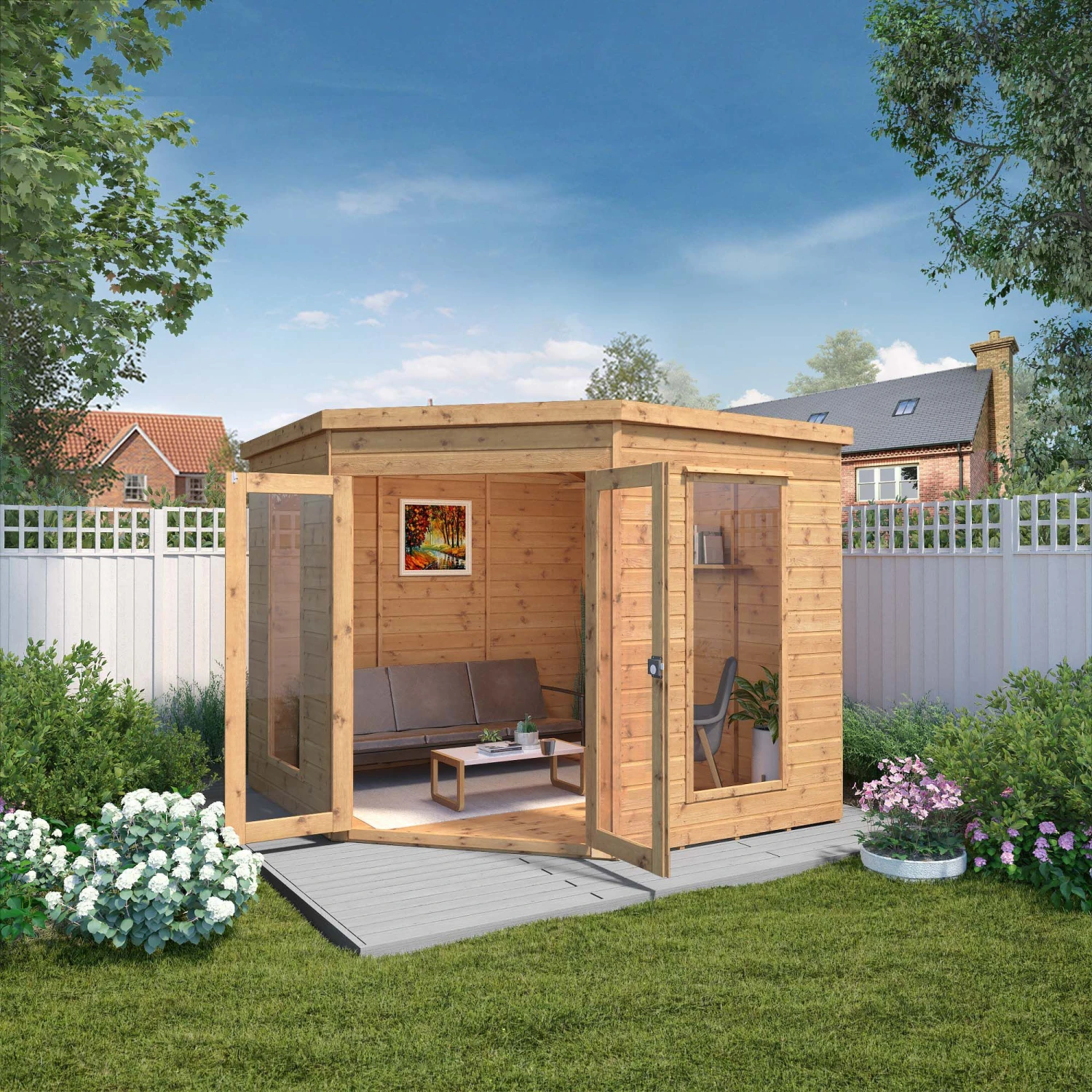 Mercia Corner 8x8 Ft Flat Shiplap Wooden Summer House With Double Door 1 Mercia Corner 8x8 Ft Flat Shiplap Wooden Summer House With Double Door