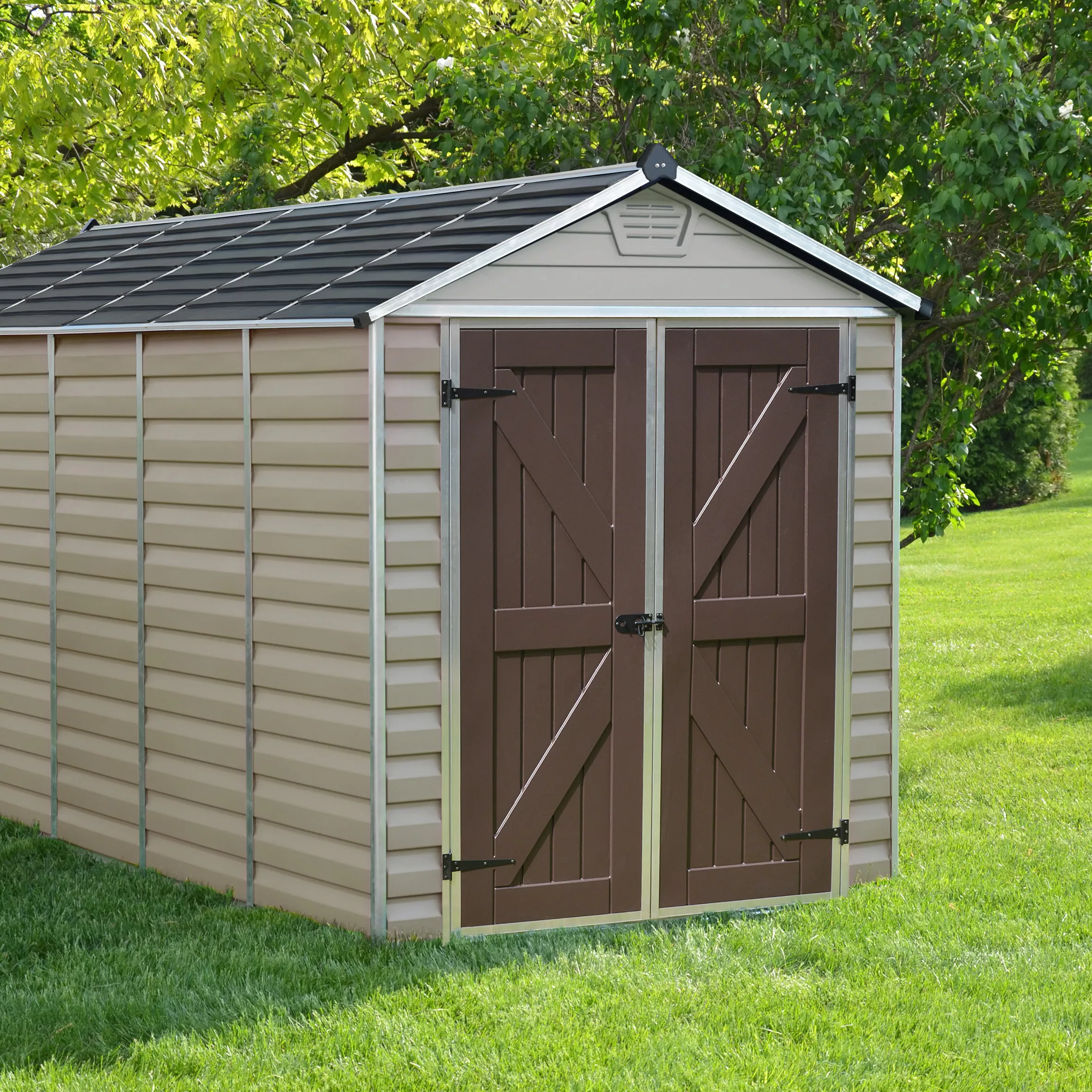 Palram - Canopia Skylight 6x12 Apex Tan Plastic Shed With Floor 1 Palram - Canopia Skylight 6x12 Apex Tan Plastic Shed With Floor