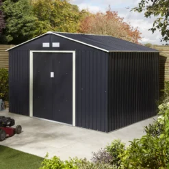 Rowlinson Trentvale 10x8 Apex Dark Grey Metal Shed -Garden Outdoor Store rowlinson trentvale 10x8 apex dark grey metal shed5013856206262 04i bq