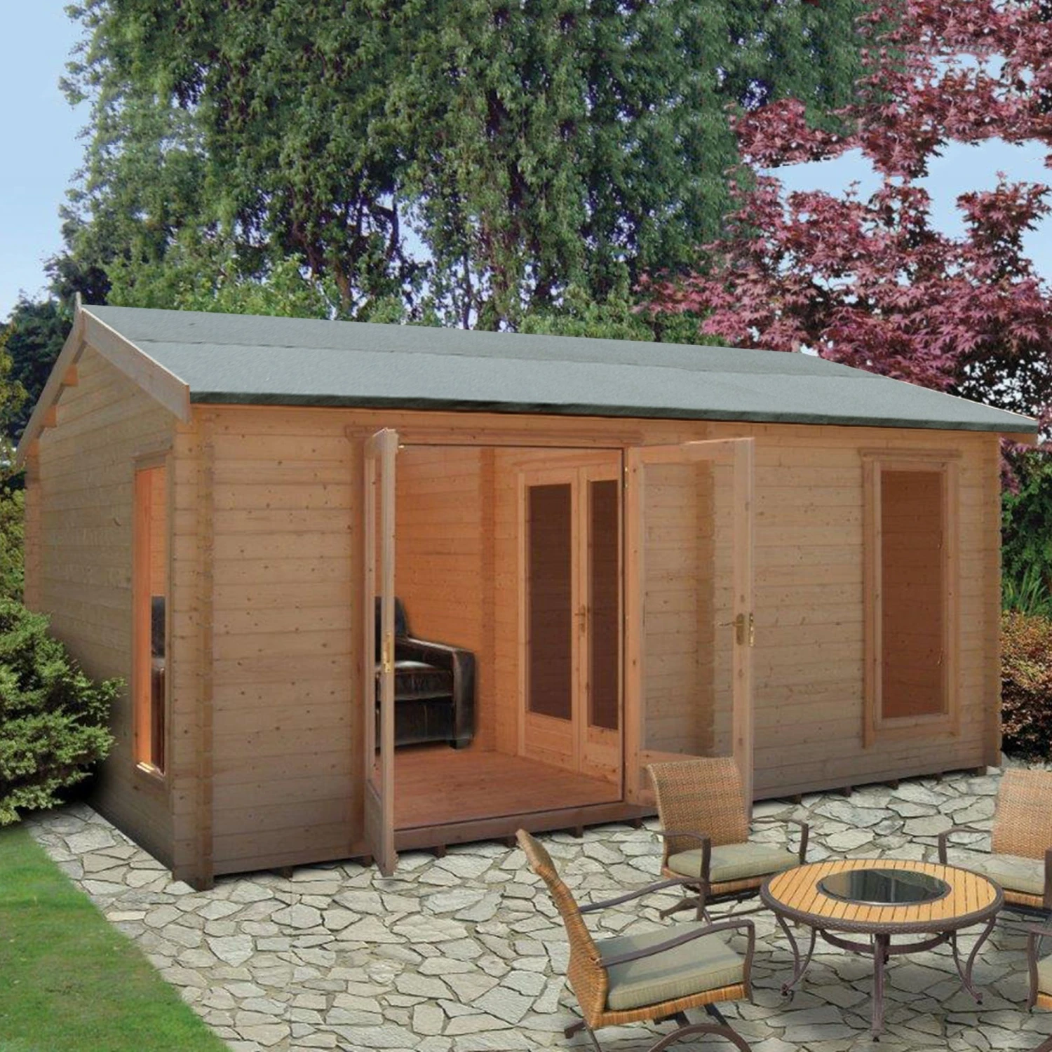Shire Firestone 13x17 Ft Toughened Glass Apex Tongue & Groove Wooden Cabin With Tile Roof 1 Shire Firestone 13x17 Ft Toughened Glass Apex Tongue & Groove Wooden Cabin With Tile Roof